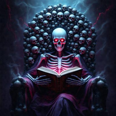 The primary subject of the image is a skeleton sitting in a chair and reading a book. The setting is a dark room with a chair and a book. The visual style is digital art, and the colors and mood are dark and eerie.
